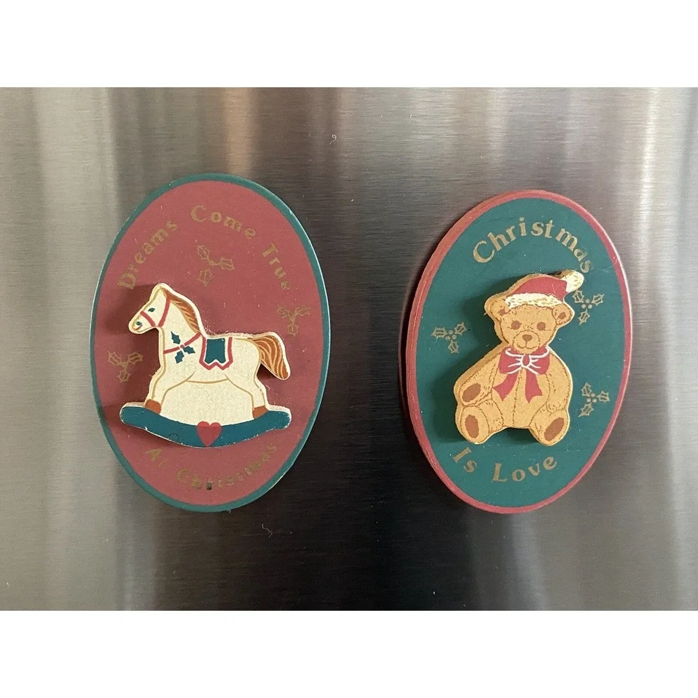 Russ Folk Art Style‎ Wooden Wood Christmas Vintage Refrigerator Magnets Lot Of 2